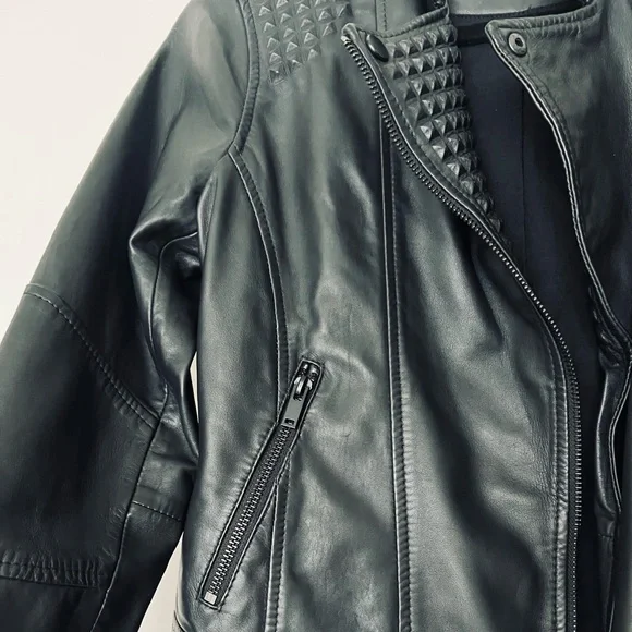 Slate & Willow Embossed Studs Moto Black 100% Leather Jacket Zipper Pockets XS/S - Picture 15 of 16